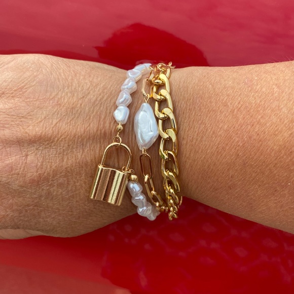 Baroque pearl bracelet set, gold tone 6.75-8.75” - Picture 3 of 7